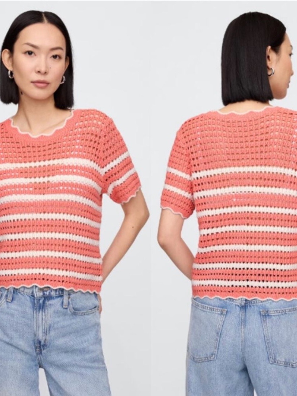 GAP Factory | Crochet Stripe Top, Coral & White, Size XL - EUC